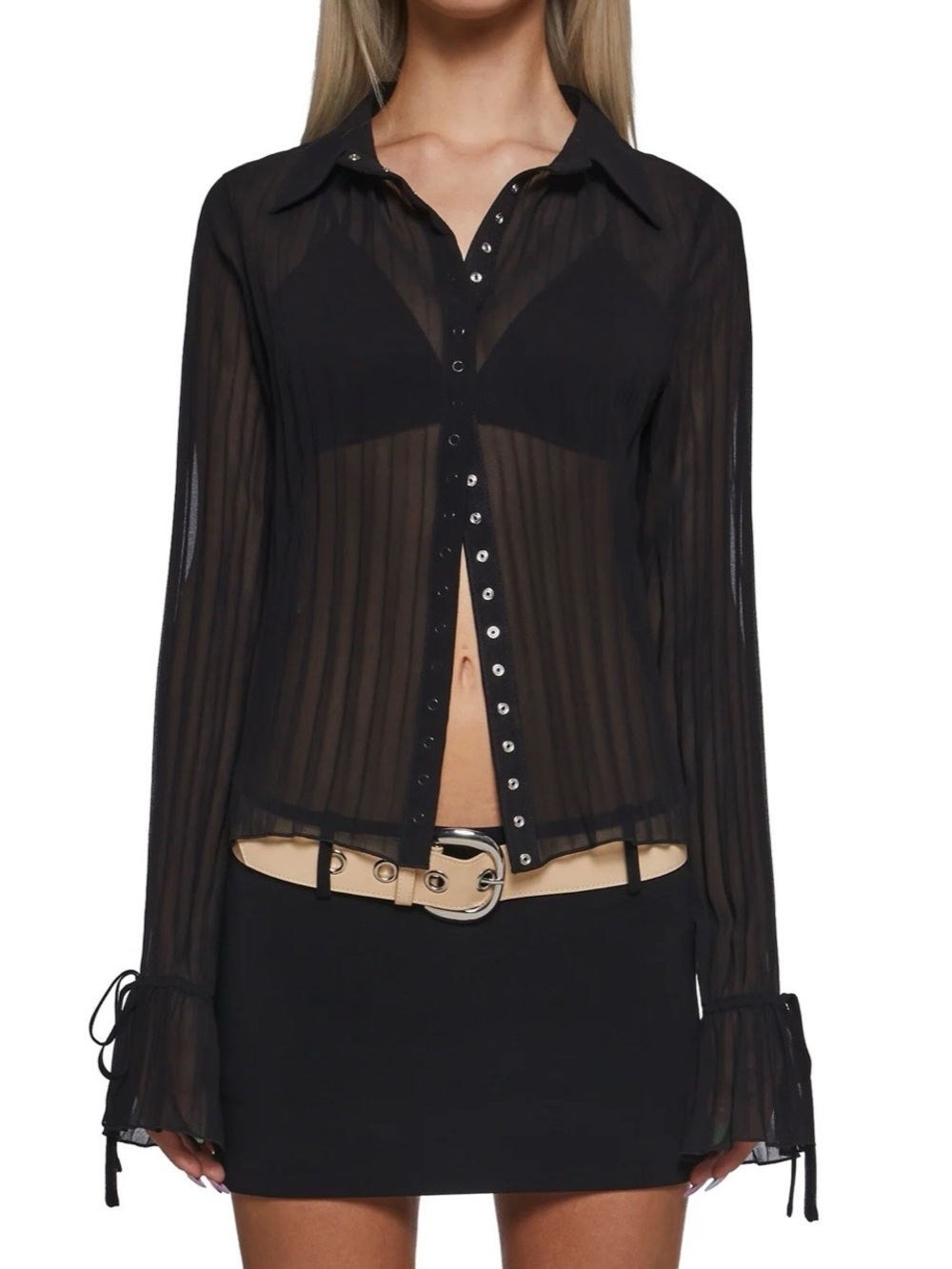 Black Sheer Button-Down Shirt - Unbranded